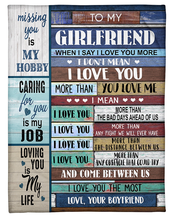 Personalized Blanket To My Girlfriend From Boyfriend I Love You More Wooden Background Rustic Design Custom Name