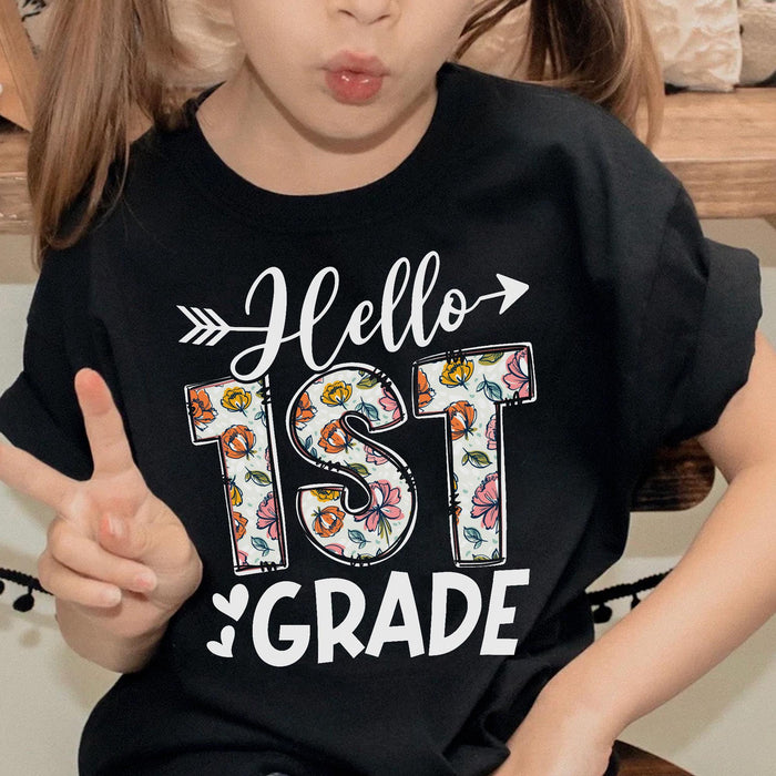 Personalized T-Shirt Gifts For Kids Girls Boys Floral Hello 1st Grade Custom Grade Level Shirt Back To School Outfit