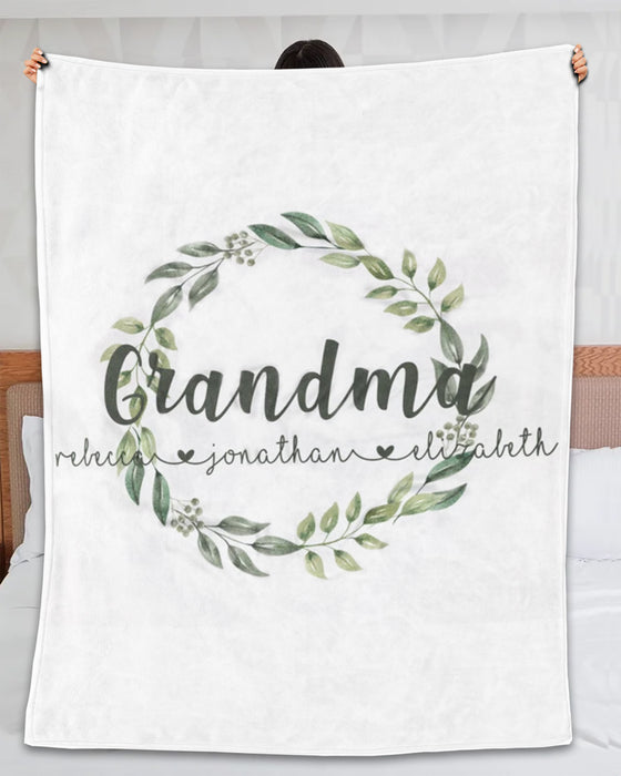 Personalized Blanket For Grandma Botanical Wreath Custom Grandkids Name Monogram Design Mothers Day Blanket