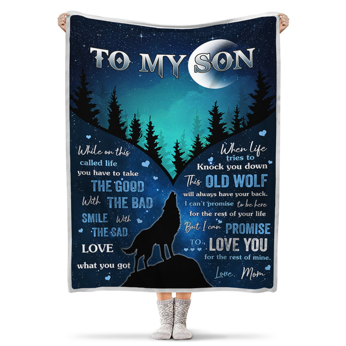 Personalized To My Son Blanket From Mom When Life Tries To Knock You Down Wolf In Forest Night Printed