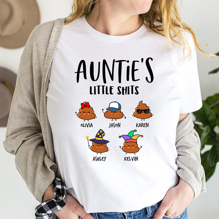 Personalized T-Shirt For Aunt From Niece Nephew Auntie's Little Shits Note Background Custom Name Gifts For Christmas