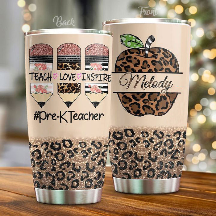 Personalized Travel Tumbler For Teacher 20oz Cup Custom Name Pre K Teacher Teach Love Inspire Apple Back To School Gifts