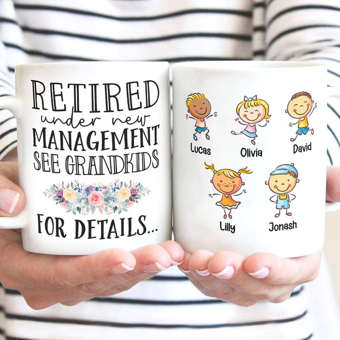 Personalized Retirement Ceramic Mug For Grandma Retired Flower Print Custom Grandkids Name 11 15oz White Coffee Cup