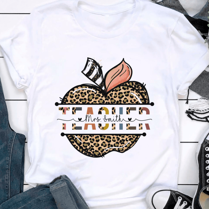 Personalized T-Shirt For Teachers Mrs. Smith Colorful Leopard Apple Design Custom Name Back To School Outfit