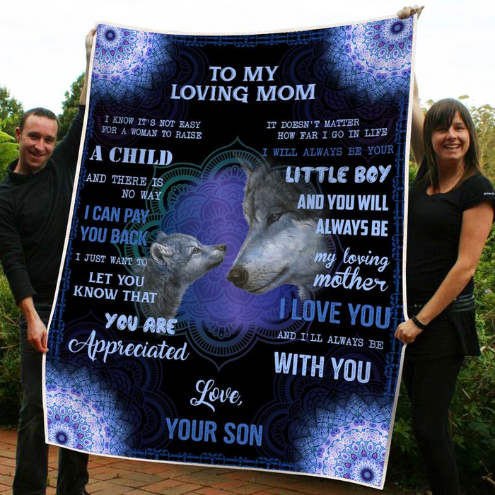 Personalized To My Loving Mom Blanket From Son I Know It'S Not Easy For A Women To Raise A Child Old Wolf & Baby Printed