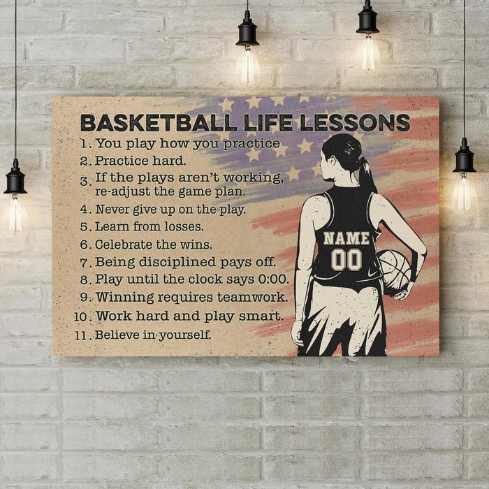 Personalized Basketball Life Lessons Canvas Poster For Basketball Lovers Us Flag & Female Player Custom Name & Number