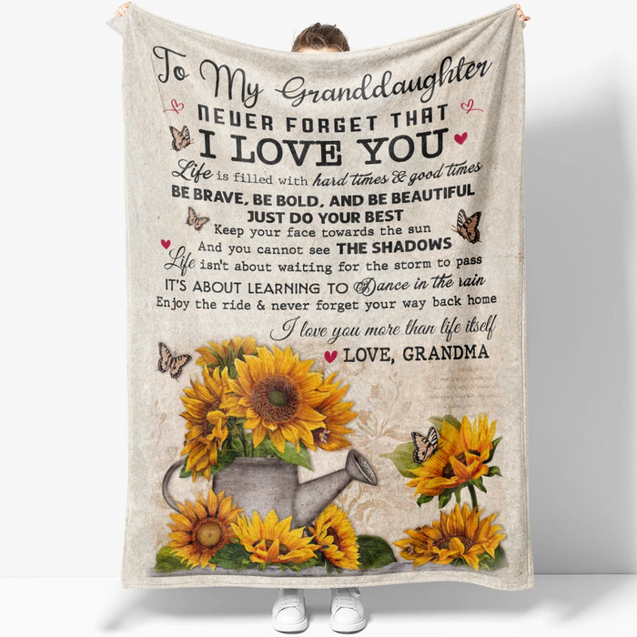 Personalized Fleece Blanket To Granddaughter From Grandma Never Forget That I Love You Sunflower & Butterfly Printed