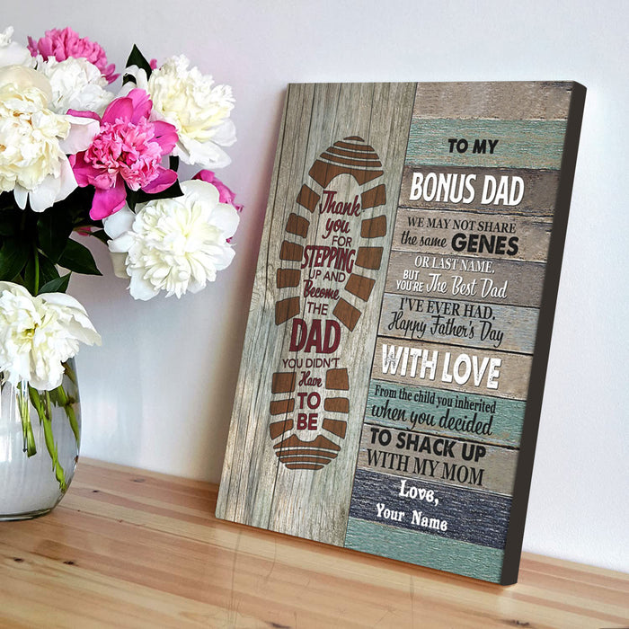 Personalized To My Bonus Dad Canvas Wall ArtWe May Not Share The Same Genes Vintage Footprint Design Custom Name