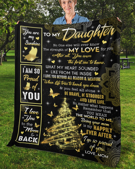 Personalized Christmas Blanket To My Daughter From Mom The Strength Of My Love For You Gold Butterflies And Xmas Tree