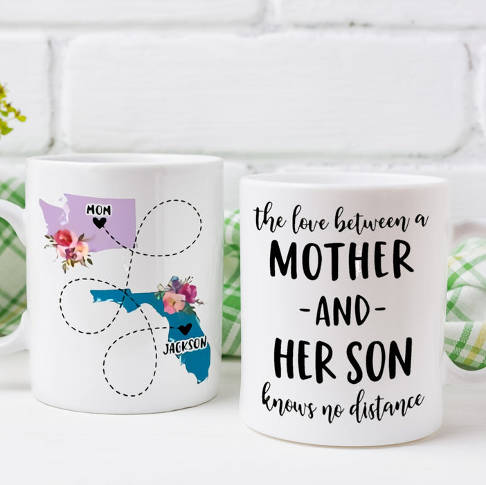 Personalized Coffee Mug For Mother Family State To State Floral Maps Printed Custom Name White Cup Long Distance Gifts