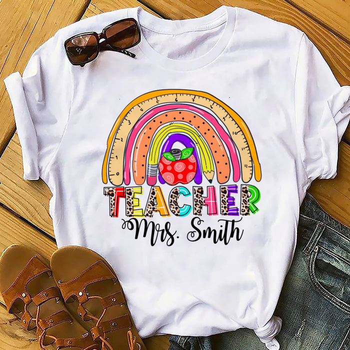 Personalized T-Shirt For Teachers Rainbow & Leopard Design School Supplies Print Custom Name Back To School Outfit