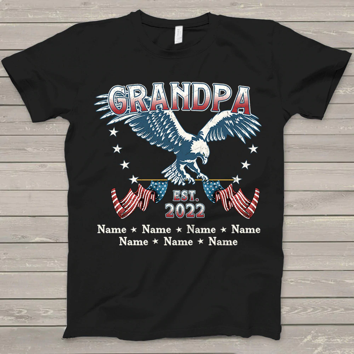 Personalized T-Shirt For Grandpa USA Flag Eagle Print Vintage Design Custom Grandkids Name 4th July Day Shirt