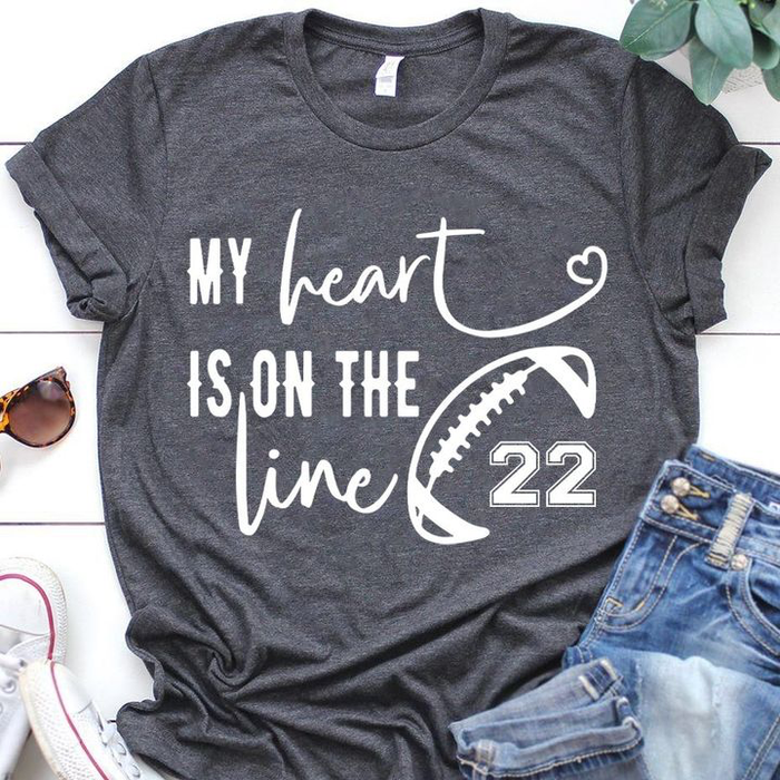Personalized Shirt For Football Lovers My Heart Is On That Line Print Ball Custom Number Family Member Game Day T-Shirt
