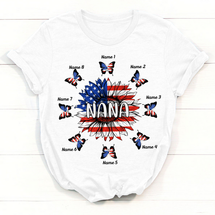 Personalized T-Shirt For Grandma Sunflower & Butterfly Printed American Flag Custom Grandkids Name