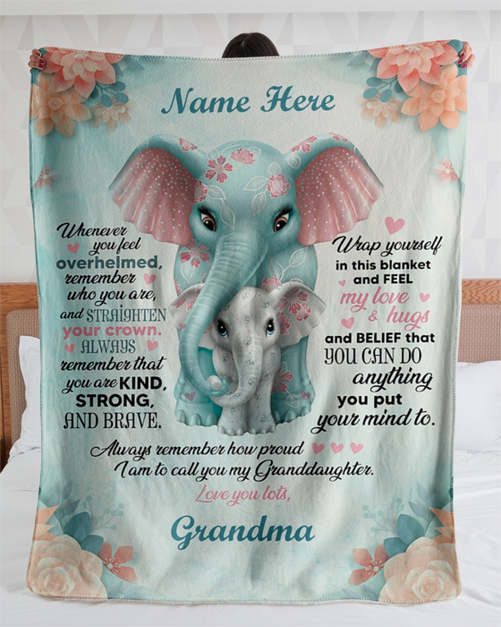 Personlaized Floral Pattern Fleece Blanket To My Granddaughter From Grandma Funny Elephant Hug Prints Custom Name