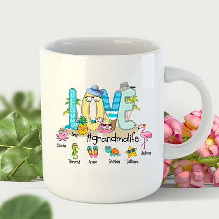 Personalized Ceramic Coffee Mug For Grandma Flamingo & Sea Animals Print Custom Grandkids Name 11 15oz Summer Cup