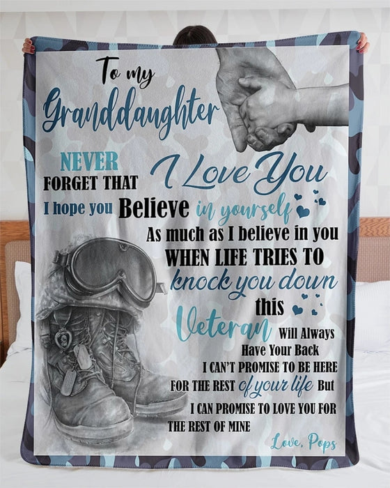 Blanket For Granddaughter From Poppop With Print Military Shoes Helmet Veterans And Holding Hand