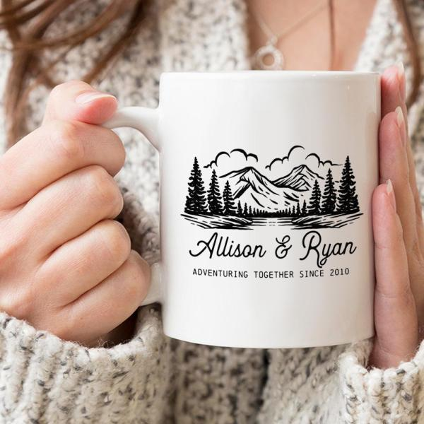 Personalized Coffee Mug Gifts For Couple Camping Adventuring Together Mountain Nature Custom Name White Cup For Wedding