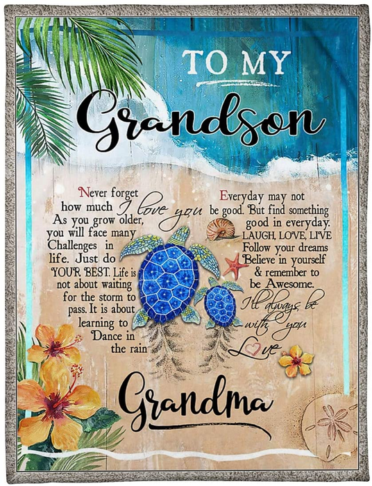 Personalized Blanket To My Grandson From Grandma Never Forget How Much I Love You Turtles At The Beach Printed