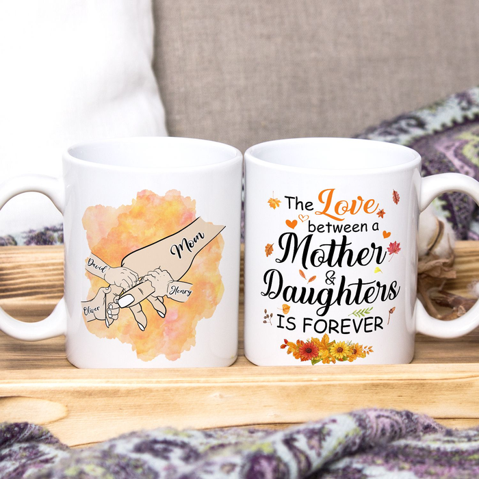 Personalized Ceramic Coffee Mug For Mom And Daughters Hand Holding Autumn Flower Print Custom Name 11 15oz Cup