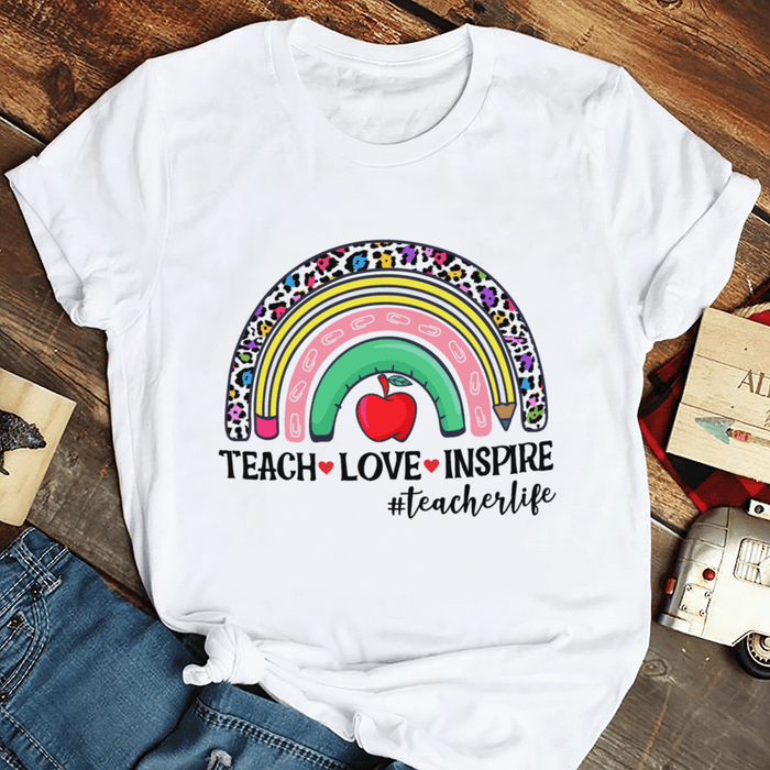 Personalized T-Shirt For Teacher Leopard Rainbow Teacher Love Inspire Custom Hashtag Shirt Gifts For Back To School