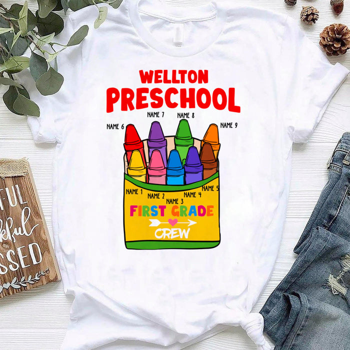 Personalized Unisex T-Shirt For Teachers Colorful Crayon Design Custom Kids Name And Grade Level Back To School Outfit