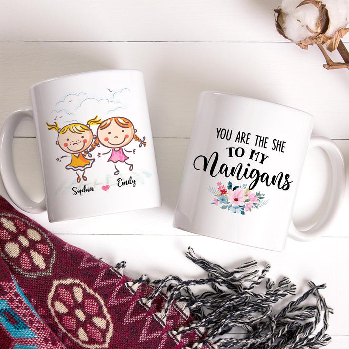 Personalized Ceramic Coffee Mug For Bestie BFF My Shenanigans Cute Girls & Heart Print Custom Name 11 15oz Cup