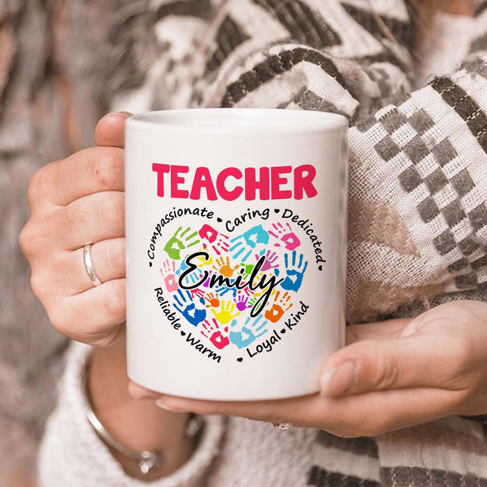 Personalized Ceramic Coffee Mug For Teachers Colorful Handprint Design Custom Name 11 15oz Back To School Cup