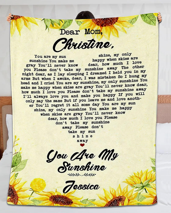 Personalized To My Mom Blanket From Son Daughter You Are My Sunshine Heart Artwork Sunflower Printed Custom Name