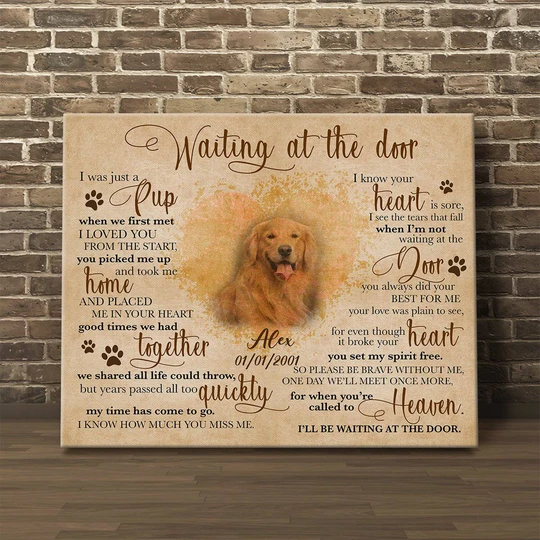 Personalized Memorial Gifts Canvas Wall Art For Loss Of Cat Dog Waiting At The Door Vintage Design Custom Name & Photo