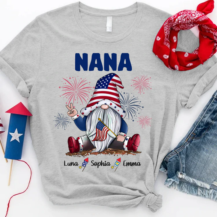 Personalized T-Shirt For Grandma Nana Gnome & Fireworks Print USA Flag Design Custom Grandkids Name 4th Of July Shirt