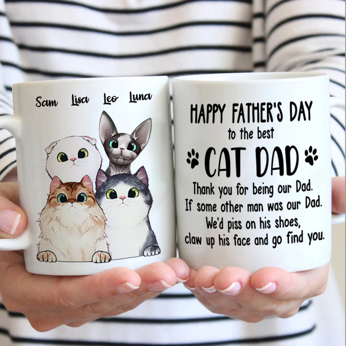 Personalized Ceramic Coffee Mug For Cat Dad Thanks For Being Our Dad Cute Cat Print Custom Cat's Name 11 15oz Cup