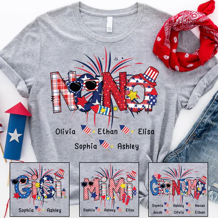 Personalized T-Shirt For Grandma Fireworks & Sunglasses Print USA Flag Design Custom Grandkids Name 4th Of July Shirt