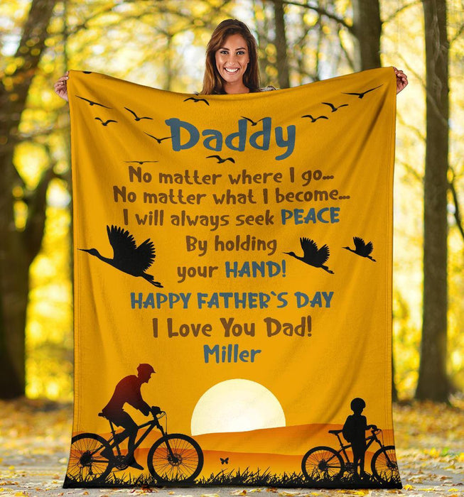 Personalized To My Dad Sherpa Fleece Blanket From Son I Love You Print Father And Son Cycling Under The Sunset