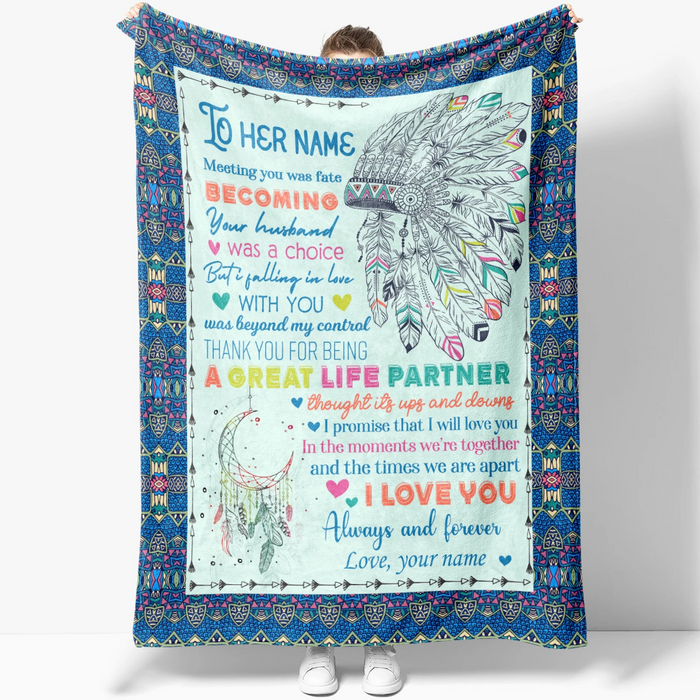 Personalized To My Wife Fleece Blanket Print Dream Catcher & Feather Bohemian Design Meeting You Was Fate Custom Name