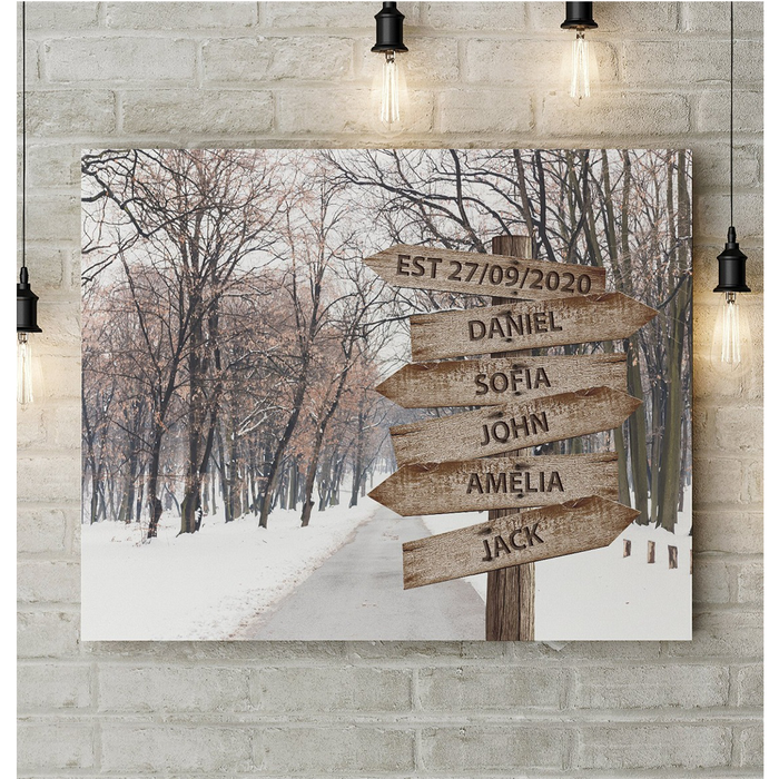 Personalized Canvas Multi Names Premium And Established Date Family Sign Winter Road