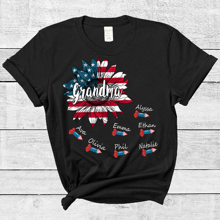 Personalized T-Shirt For Grandma USA Flag Sunflower & Firecrackers Printed Custom Grandkids Name 4th July Shirt