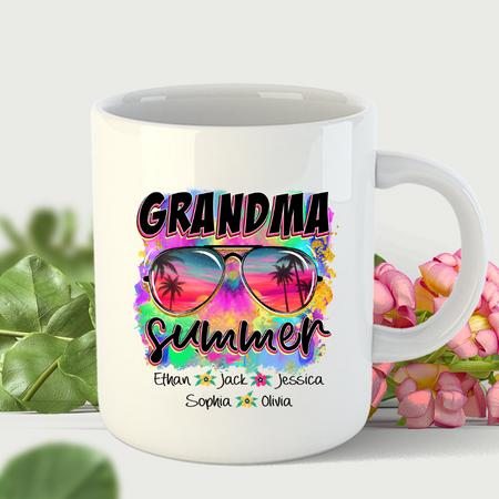 Personalized Ceramic Coffee Mug For Grandma Sunglasses Tie Dye Design Custom Grandkids Name 11 15oz Summer Cup