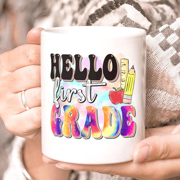 Personalized Ceramic Coffee Mug Hello First Grade Tie Dye Design Custom Grade Level 11 15oz Back To School Cup