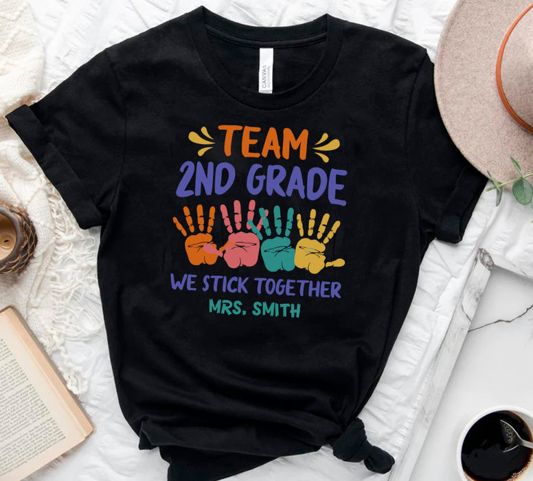 Personalized Unisex T-Shirt For Teachers Team 2nd Grade Colorful Handprint Printed Custom Name Back To School Outfit