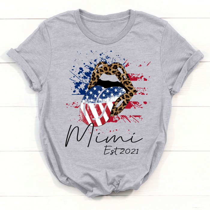 Personalized T-Shirt For Grandma Leopard Lips USA Flag Design Custom Name And Year Independence Day Shirt