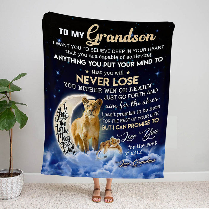 Personalized To My Grandson Blanket From Grandma I Want You To Believe Deep In Your Heart Old Lion & Baby Lion Printed