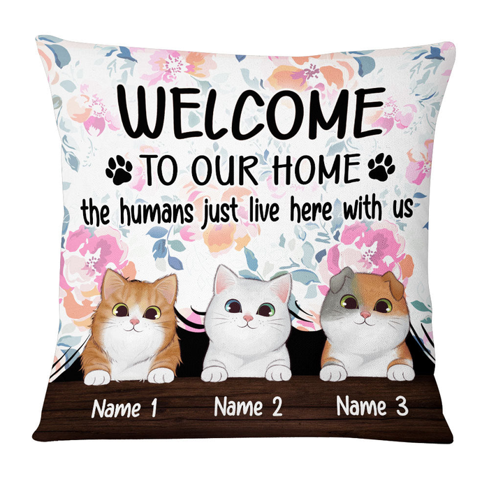 Personalized Square Pillow Gifts For Cat Lovers Flower Welcome To Our Home Custom Name Sofa Cushion For Christmas Xmas