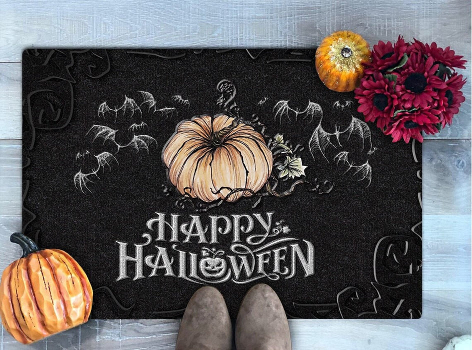 Welcome Doormat Happy Halloween Cute Pumpkin With Bats Printed Black Background Funny Doormat Spooky Decor