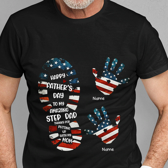 Personalized T-Shirt & Hoodie For Bonus Dad Footprint & Handprint USA Flag Design Custom Kids Name 4th Of July Shirt