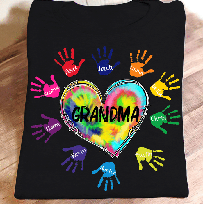 Personalized T-Shirt For Grandma Tie Dye Heart & Colorful Handprint Design Custom Grandkids Name Mother's Day Shirt