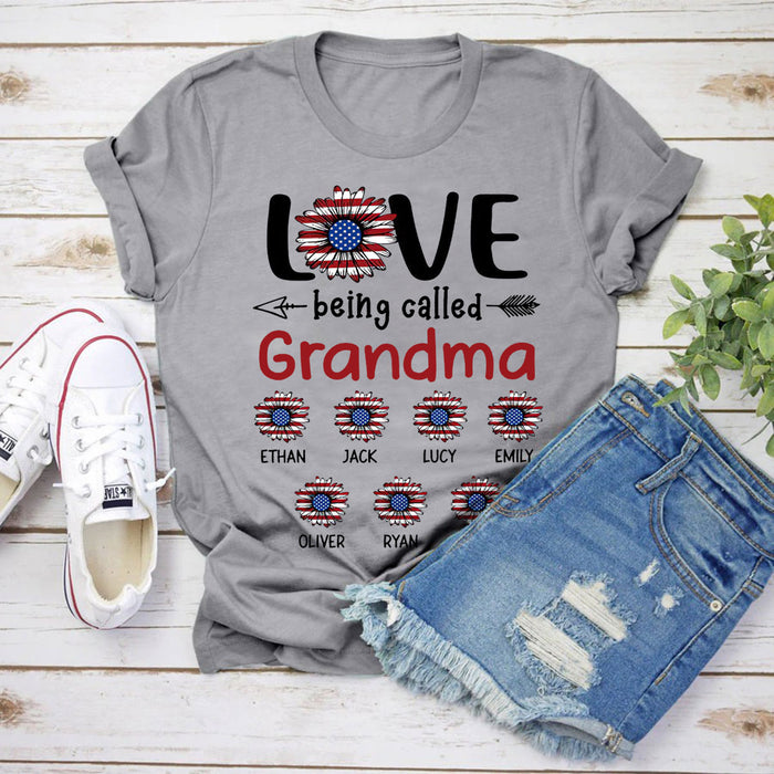 Personalized T-Shirt Love Being Called Grandma Sunflower & USA Flag Design Custom Grandkids Name 4th Of July Shirt
