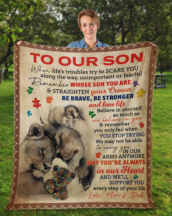 Personalized To My Son Blanket From Mom Dad Custom Name Lion Family Puzzle Be Brave Be Stronger Gifts For Birthday