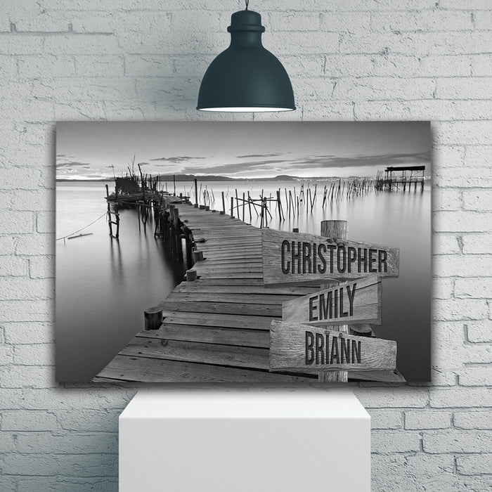 Personalized Canvas Wall Art Gifts For Family Black And White Sunset Lake Dock Custom Name Poster Prints Wall Decor