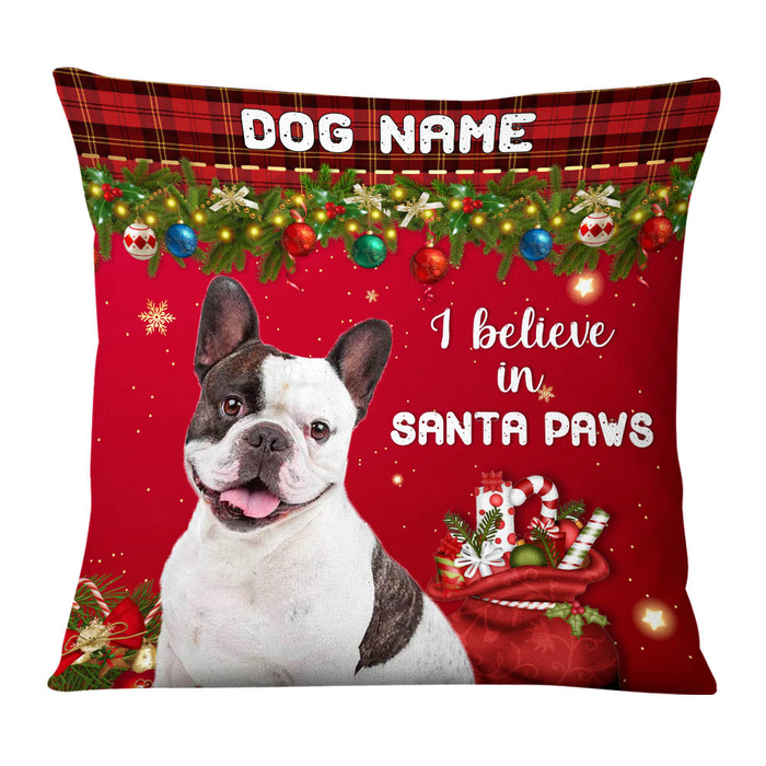 Personalized Square Pillow Gifts For Dog Lover In Santa Paw Holly Light Custom Name & Photo Sofa Cushion For Christmas